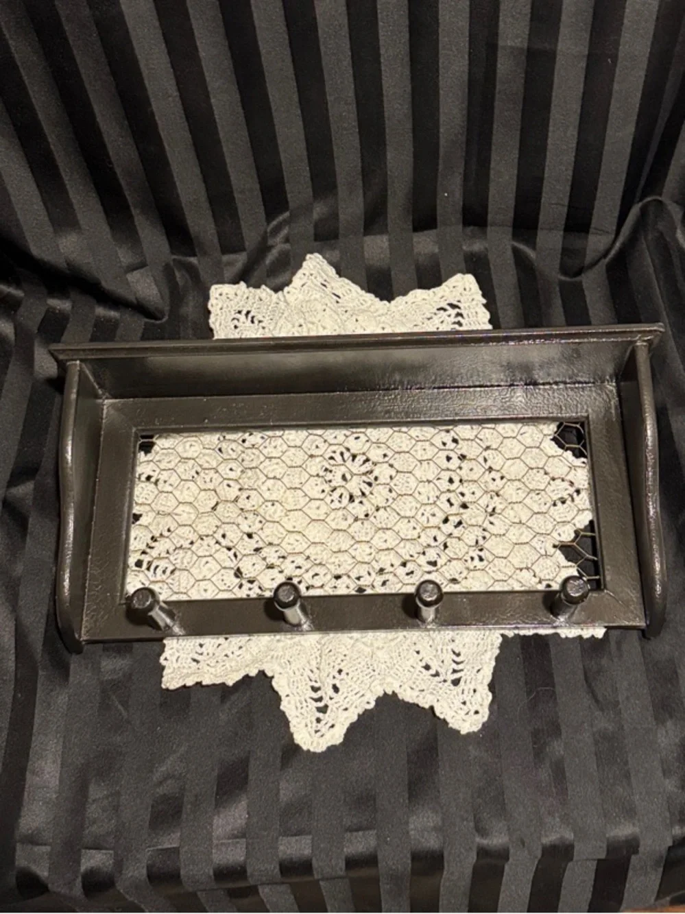 Rustic Black Wall Shelf with Chicken Wire and Hooks